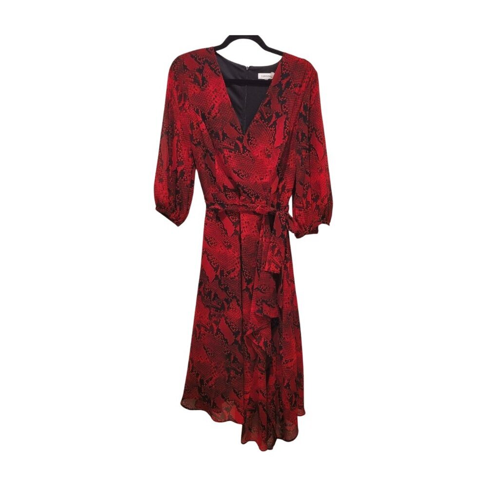 Calvin Klein Womens Dress Size 4 Wrap V neck Midi Red and Black Snake Print - Picture 2 of 10